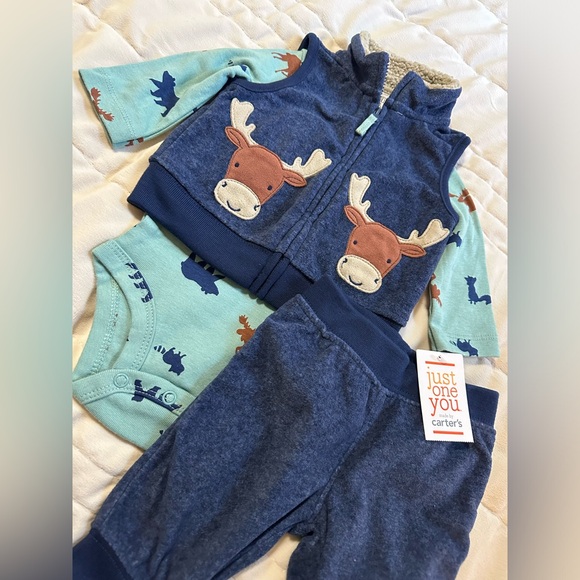 CARTER’S Just One You 🩵Baby Boy Deer 3 Piece Outfit, NWT - Picture 1 of 8